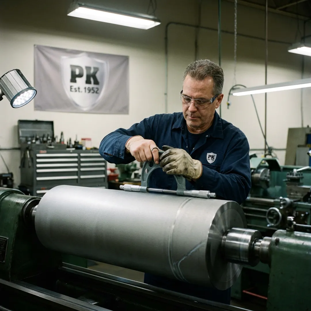 Technician measuring an industrial roll before precision grinding