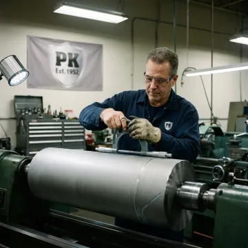 Technician measuring an industrial roll before precision grinding