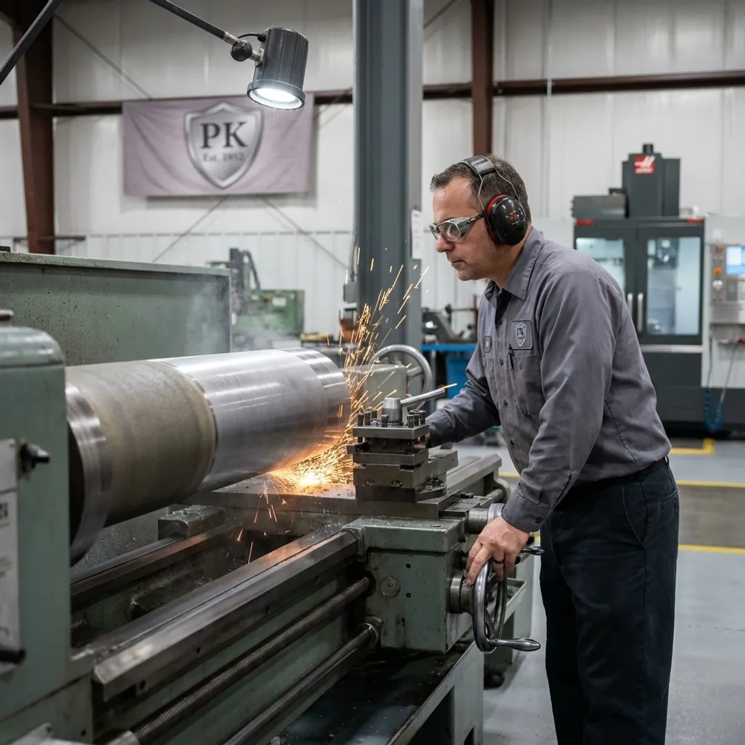 Industrial technician grinding a large cylindrical metal rod