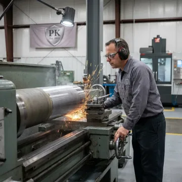 Industrial technician grinding a large cylindrical metal rod
