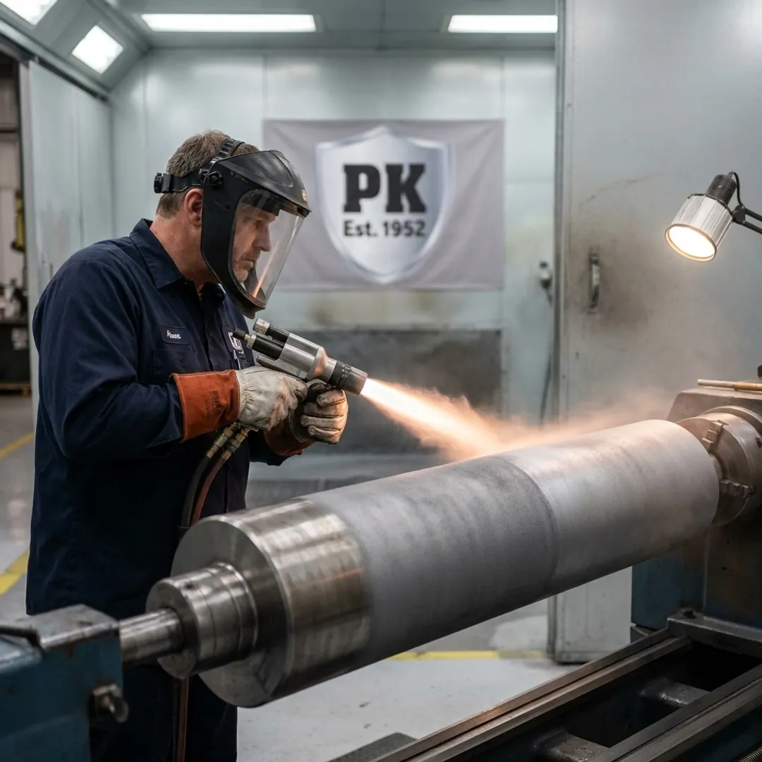 Industrial coating technician finishing a metal component