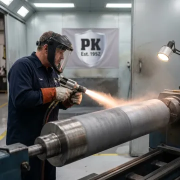 Industrial coating technician finishing a metal component