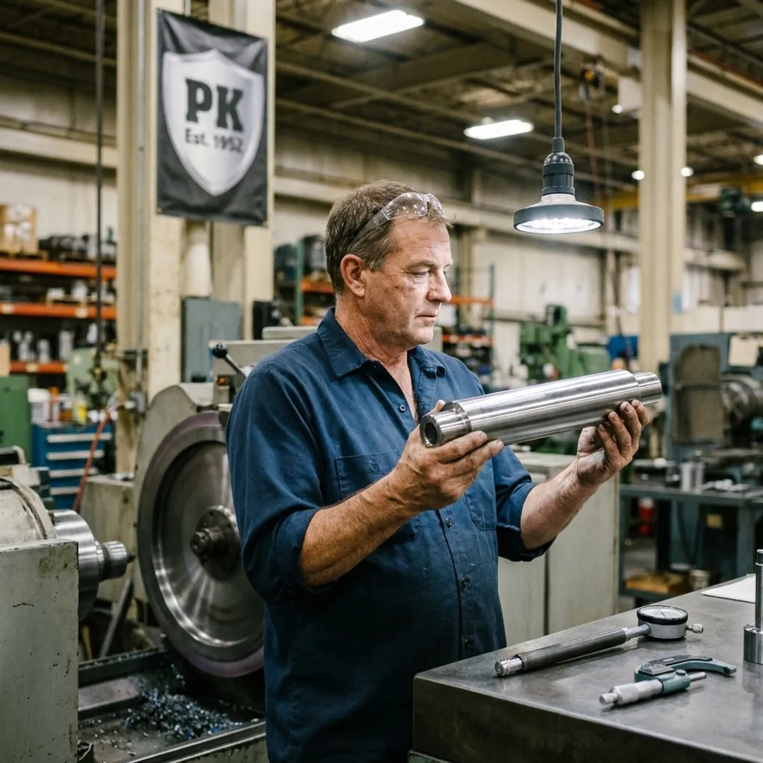 Machinist inspecting precision ground industrial component