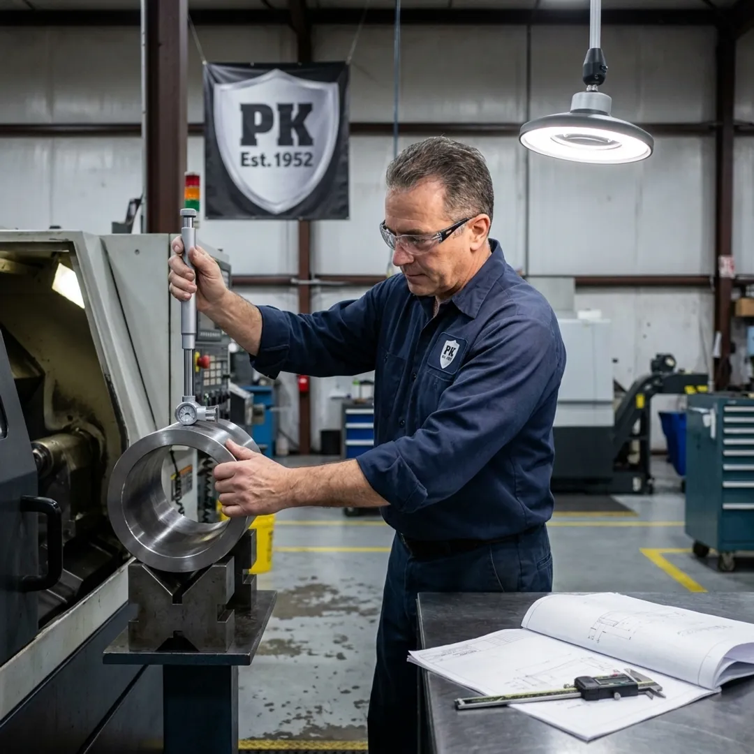 Machinist inspecting a large CNC machined component