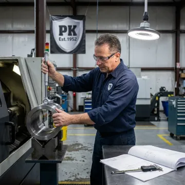 Machinist inspecting a large CNC machined component