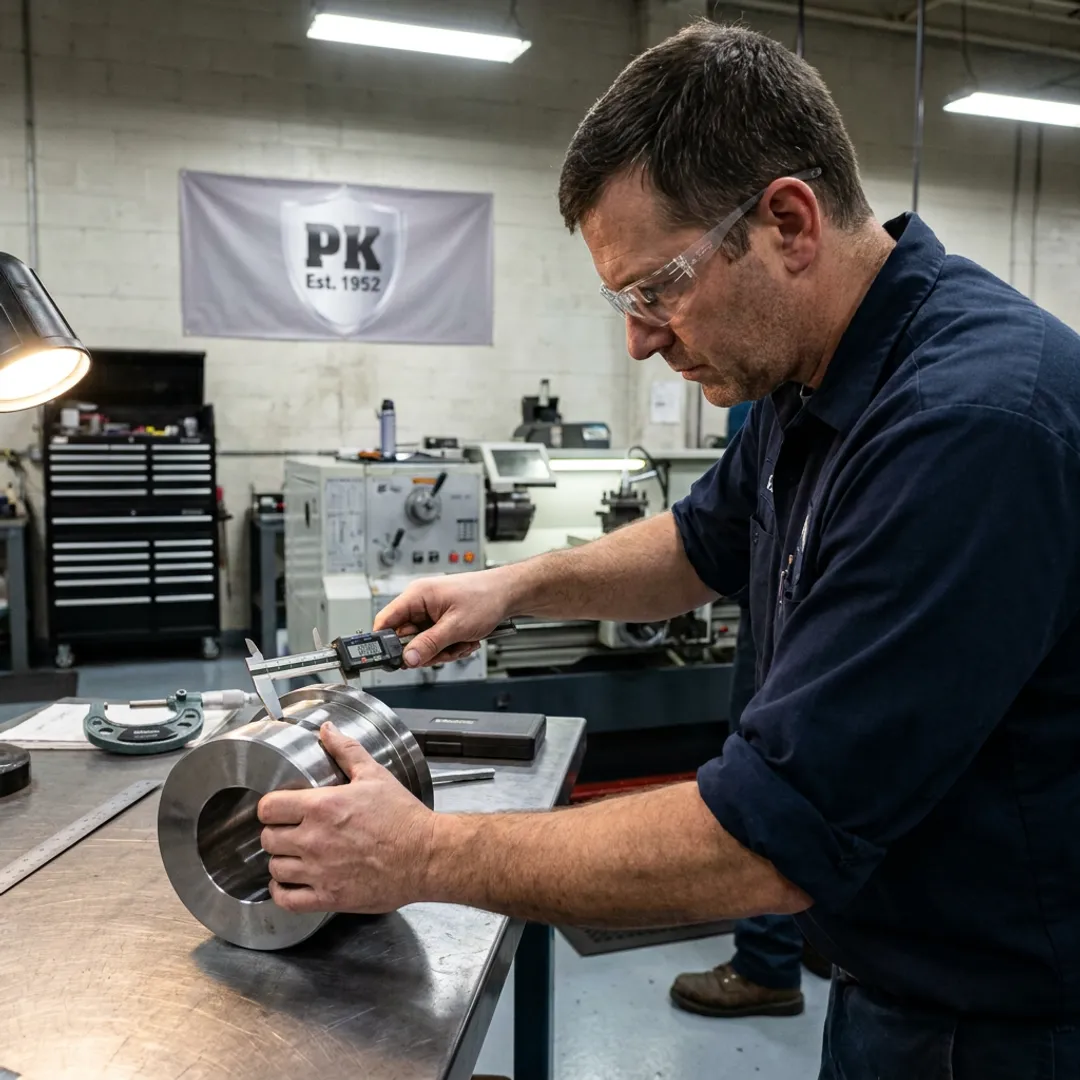 CNC machinist inspecting a precision metal component