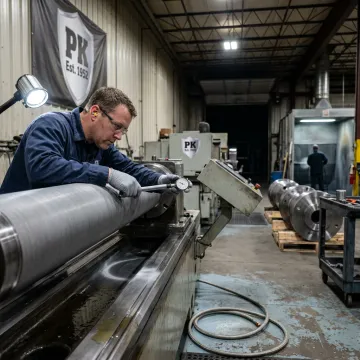 Technician inspecting a coated industrial part