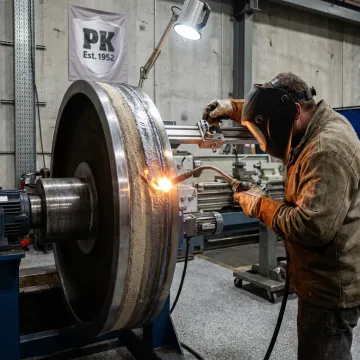 Industrial welding repair on a worn machine component