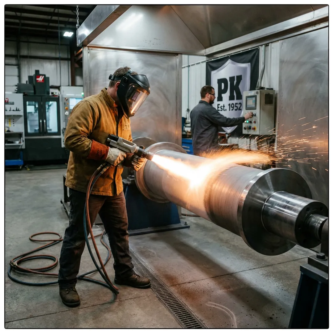 Technician applying industrial coating to metal component