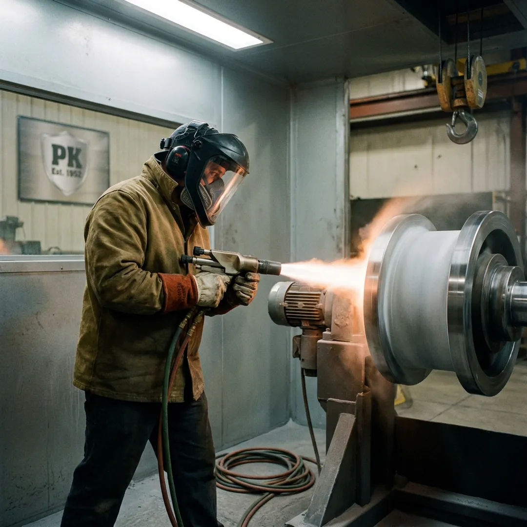 Technician applying industrial coating to metal component