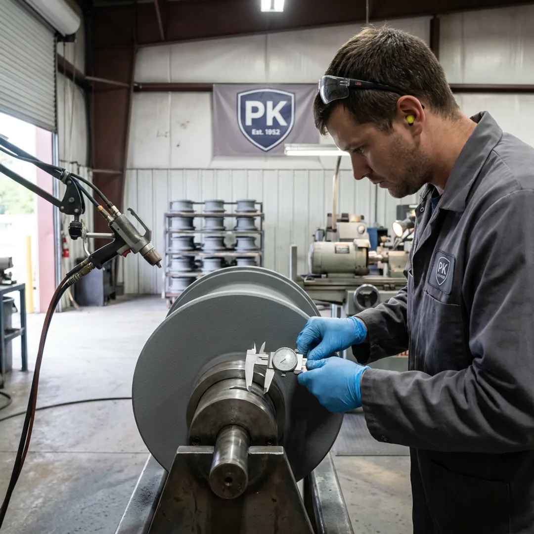 Industrial technician inspecting coated machine part