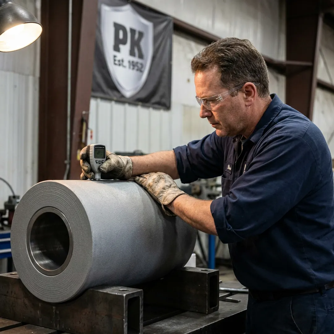 Industrial technician inspecting rebuilt metal components