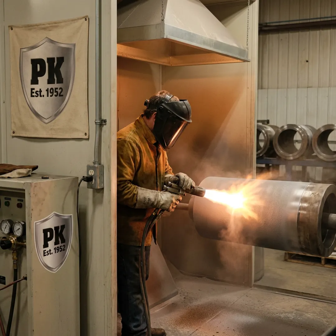 Technician applying industrial powder coating to metal part