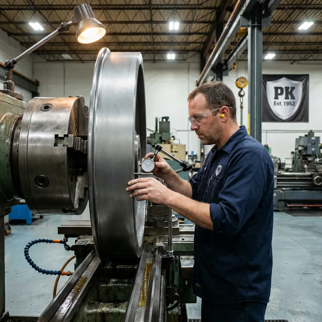 Industrial wheel being machined on a lathe