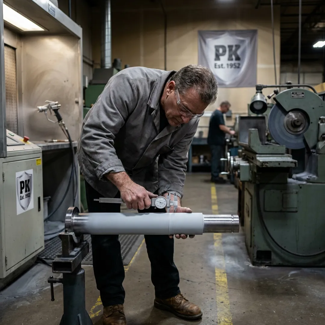 Industrial coating technician finishing a coated metal part