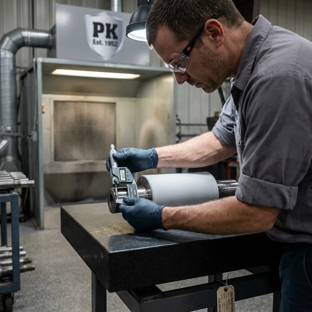 Industrial coating technician inspecting finished ceramic coated machine part