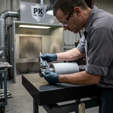 Industrial coating technician inspecting finished ceramic coated machine part
