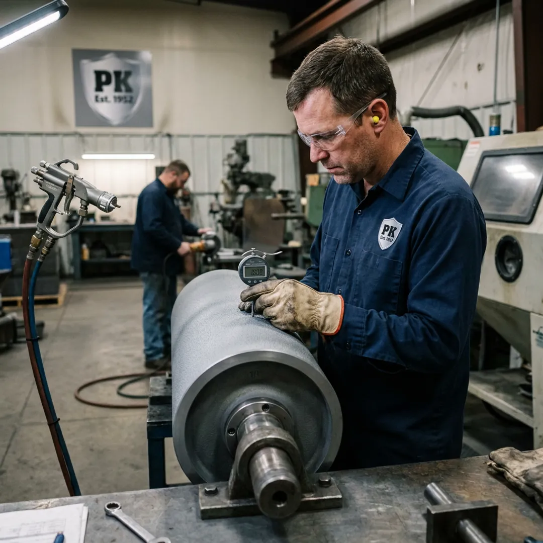 Technician inspecting a coated industrial roller