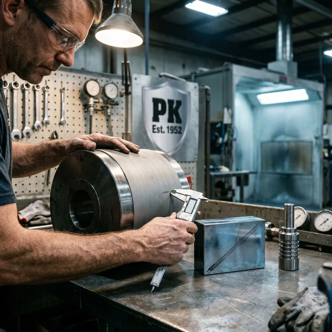 Industrial technician inspecting coated machine parts