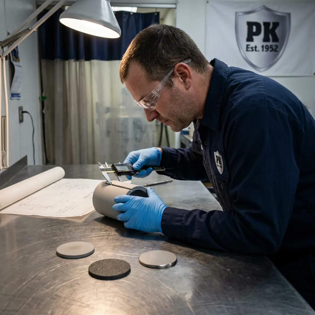 Technician reviewing coated industrial component