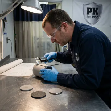Technician reviewing coated industrial component