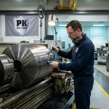 Machinist inspecting a turned industrial part