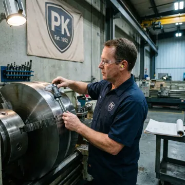 Machinist inspecting a large turned industrial part