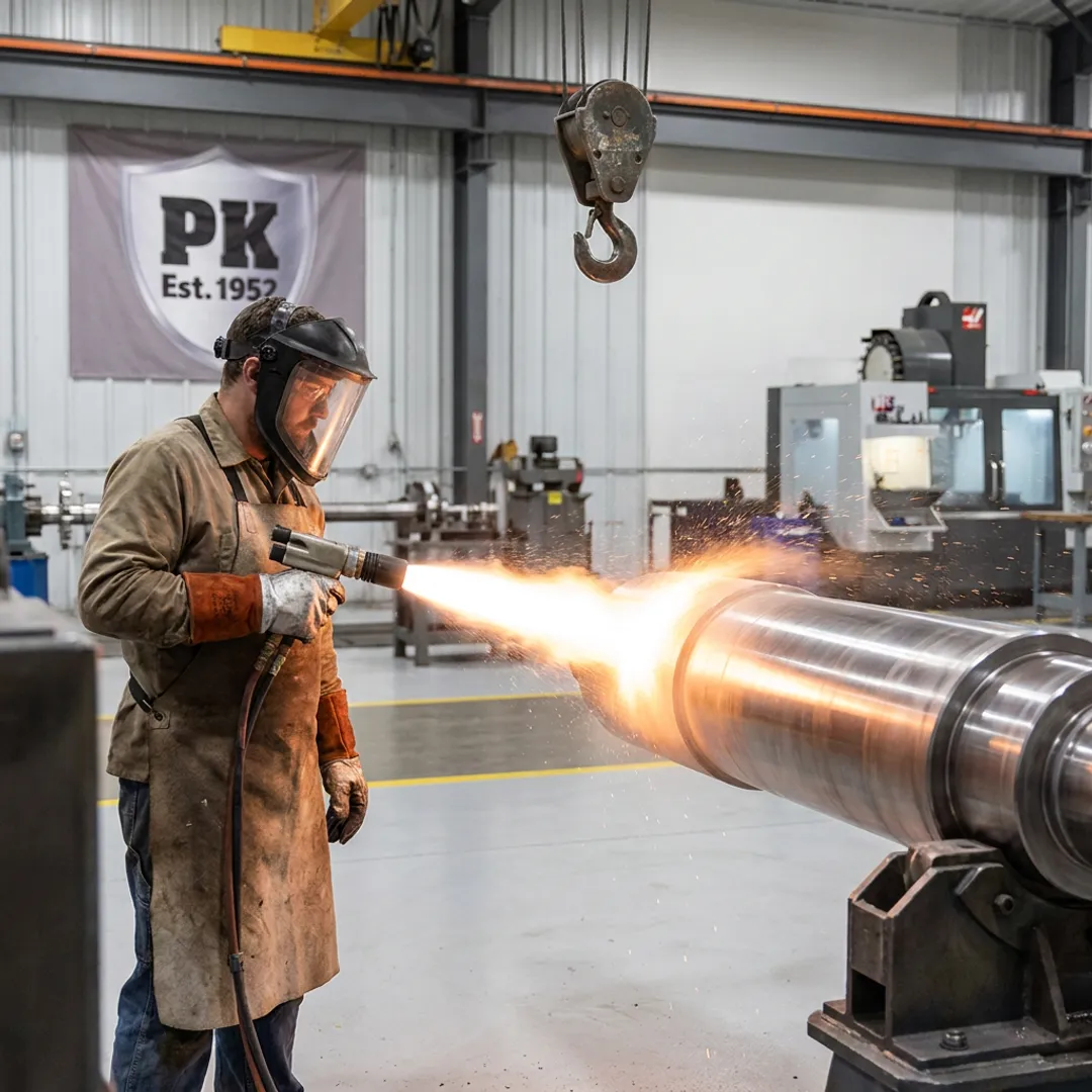Technician applying industrial coating to metal component