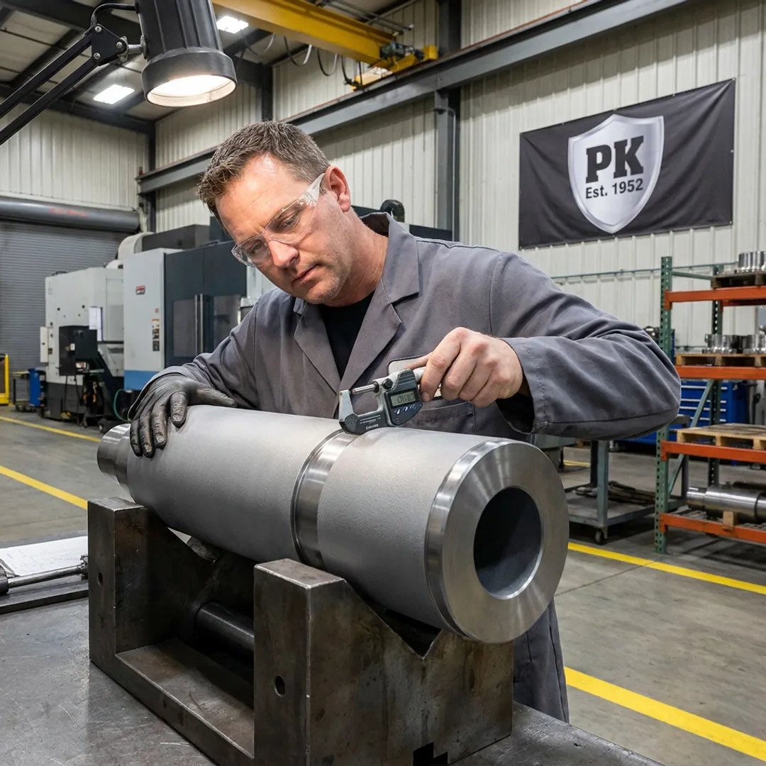 Technician inspecting a coated industrial metal component