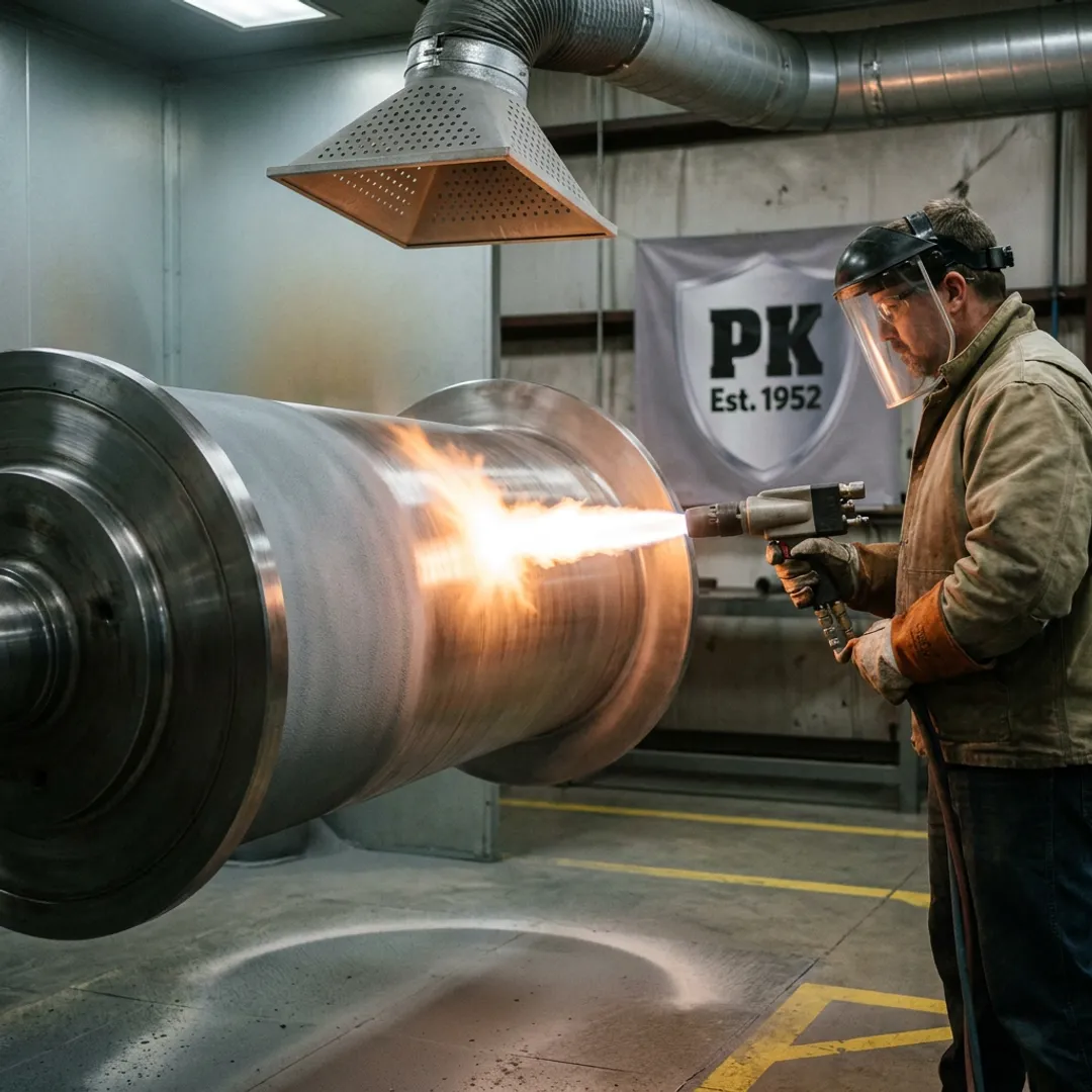 Industrial technician coating a metal machine part