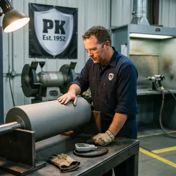 Industrial technician inspecting coated metal component