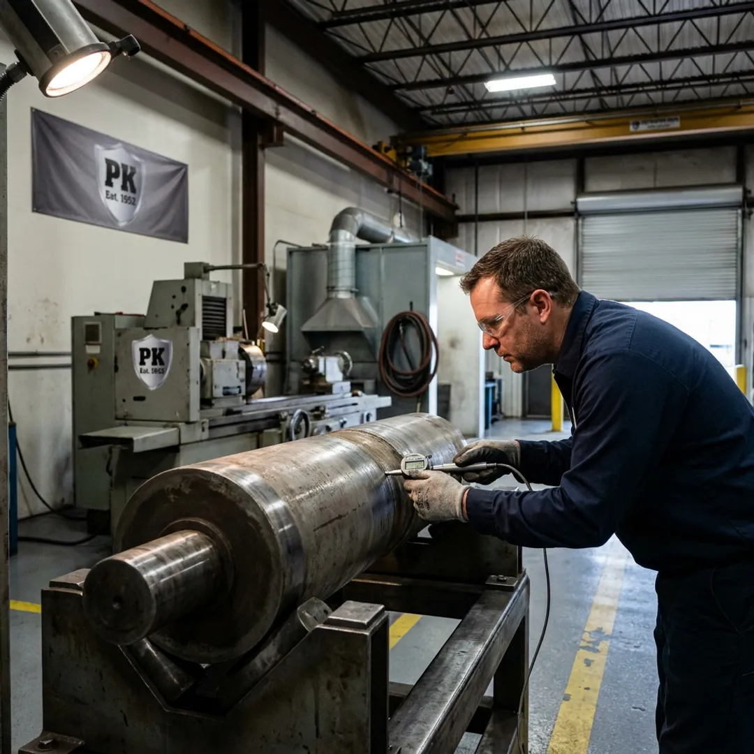 Technician measuring worn industrial part before resurfacing
