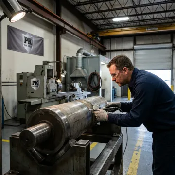 Technician measuring worn industrial part before resurfacing