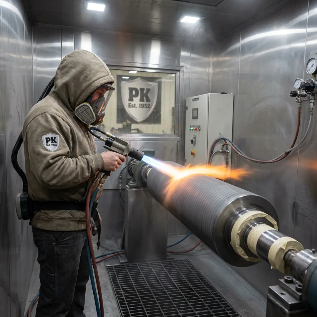 Technician applying thermal spray coating to industrial component