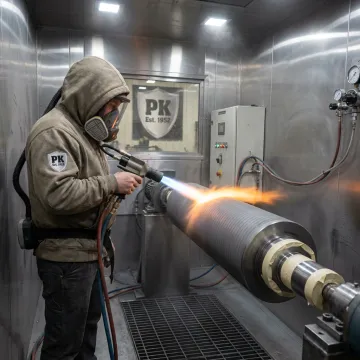 Technician applying thermal spray coating to industrial component