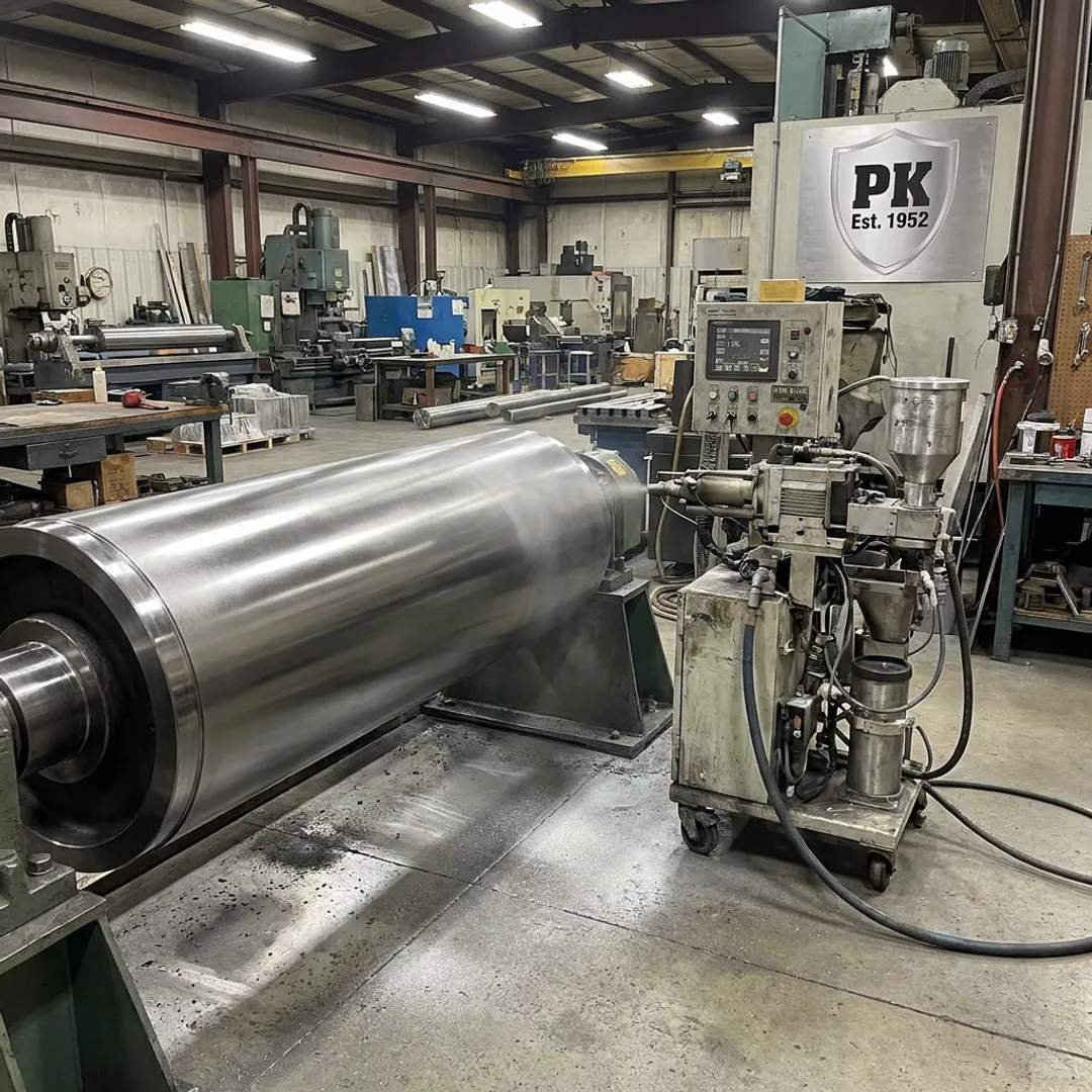 Wear-resistant coated industrial roller in machine shop