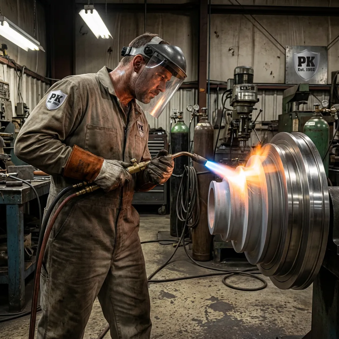 Technician applying industrial metal coating to machine part