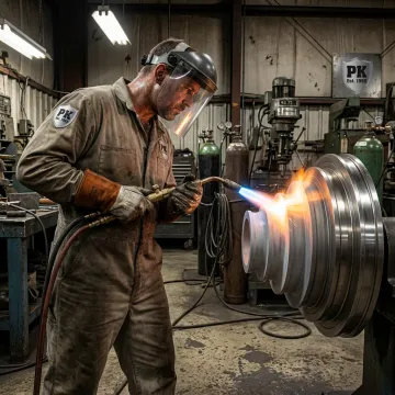 Technician applying industrial metal coating to machine part