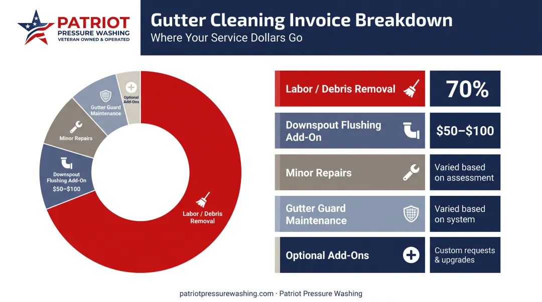 Gutter cleaning cost breakdown by labor downspouts and repairs percentage