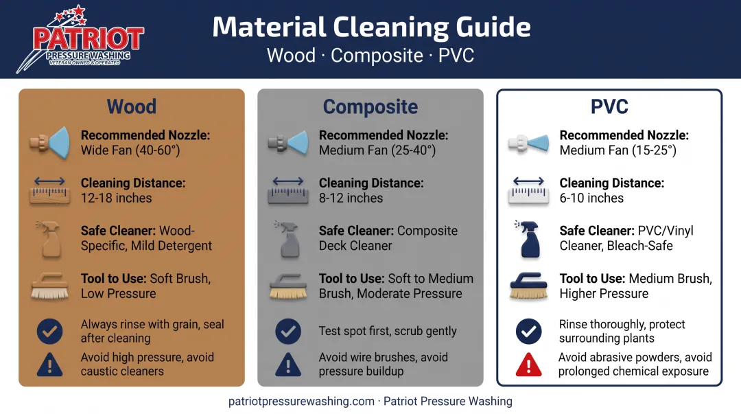 Deck material cleaning guide comparing wood composite and PVC methods