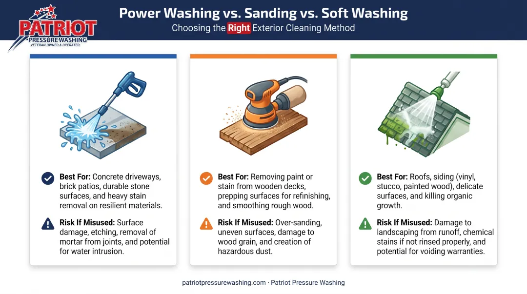 Power washing sanding and soft washing deck methods comparison chart