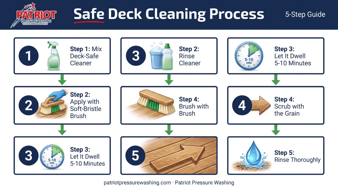 5-step deck cleaning process from mixing cleaner to rinsing