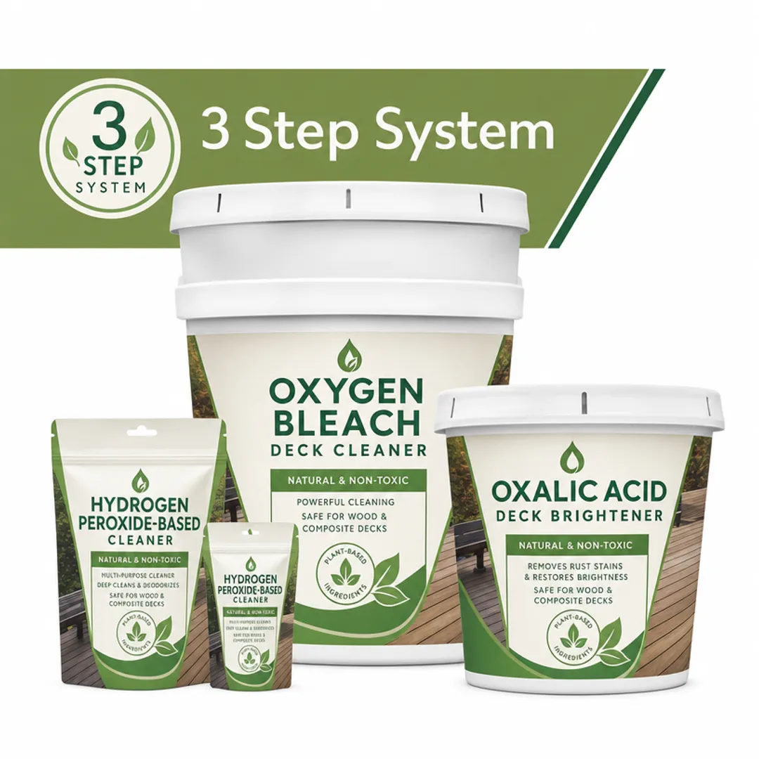 Bottles of oxygen bleach and hydrogen peroxide deck cleaning products