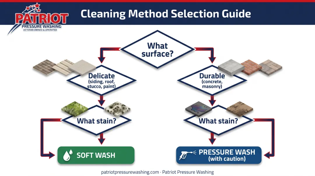 Decision flowchart for choosing soft washing versus pressure washing based on surface and stain type