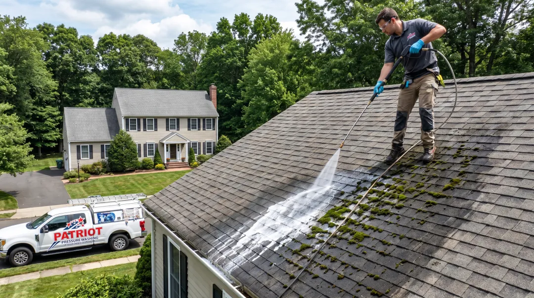 Technician soft washing residential roof shingles using low-pressure equipment