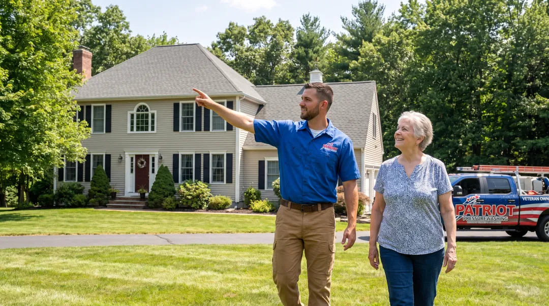 Professional roof cleaning technician inspecting finished shingle roof with homeowner