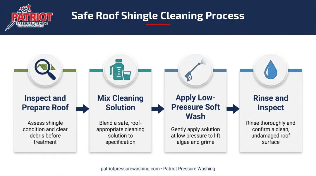 4-step soft washing process for cleaning roof shingles safely