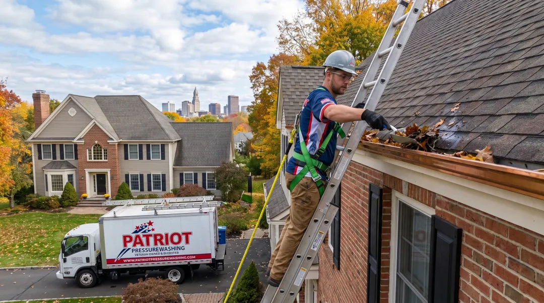 Patriot Pressure Washing crew performing gutter cleaning service in Hartford