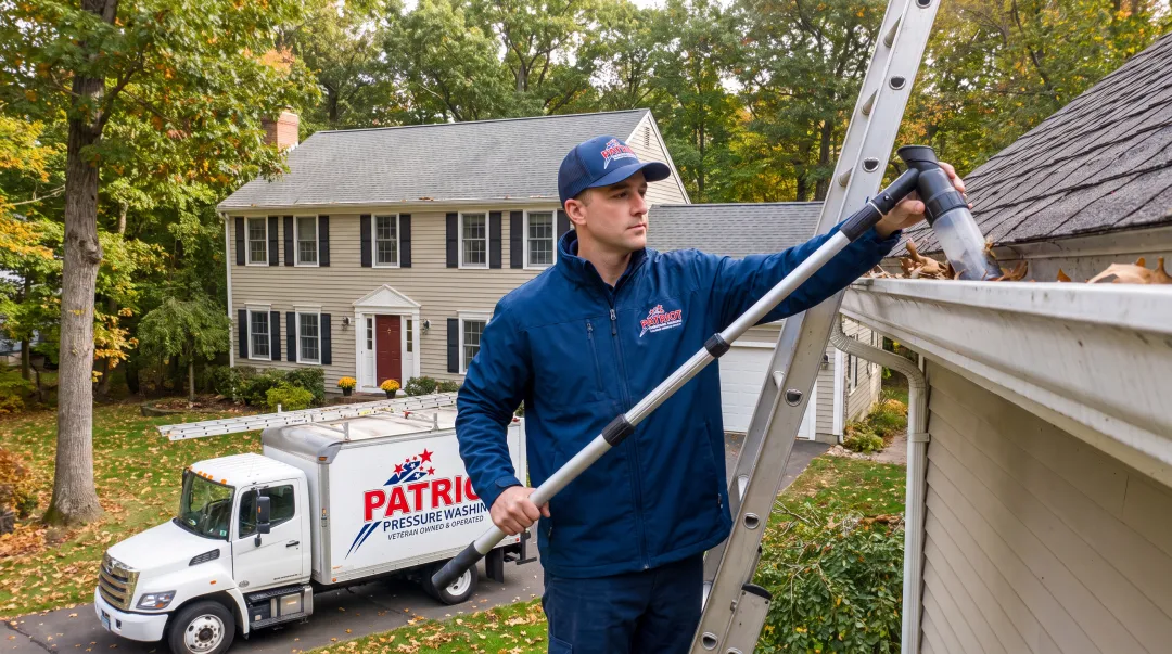 Patriot Pressure Washing technician inspecting Hartford home gutters