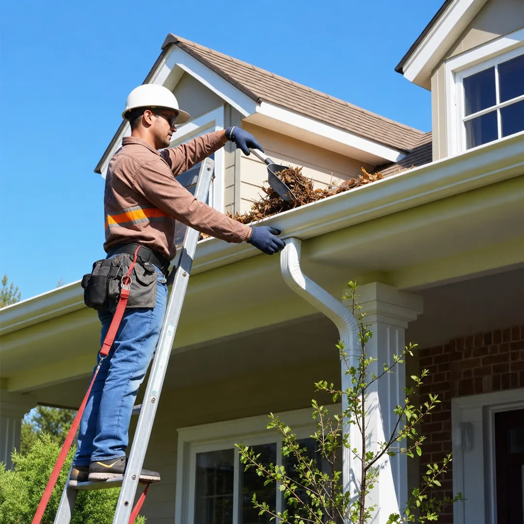 Professional cleaning gutters and downspouts on residential home ladder